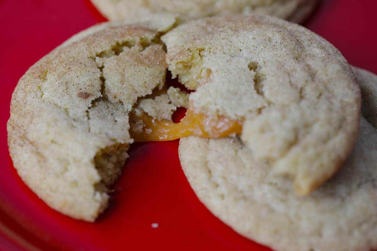 Snickerdoodle cookies with caramel stuffed inside