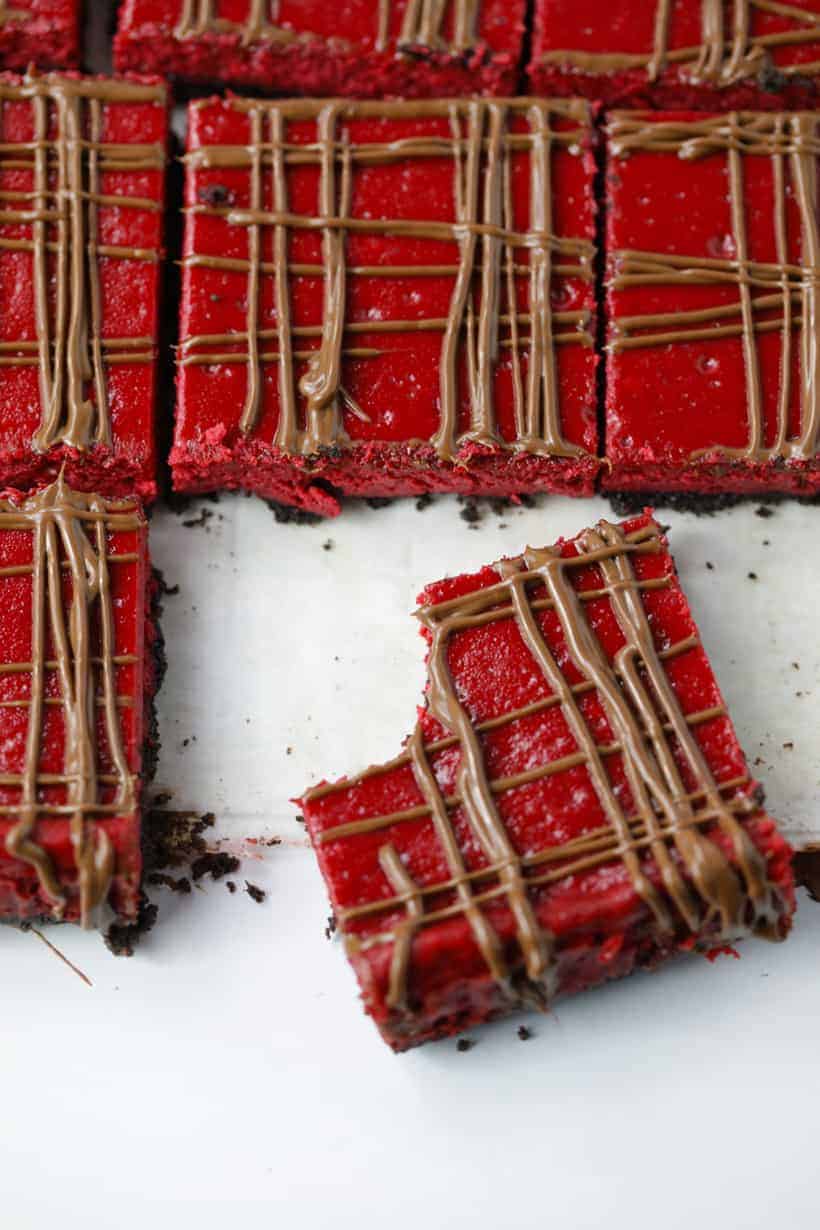 Serving of red velvet cheesecake chocolate bars