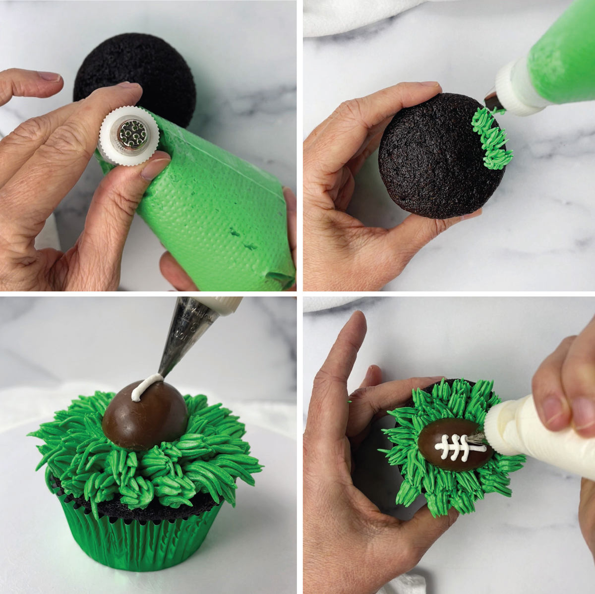 Steps showing how to make football themed cupcakes.