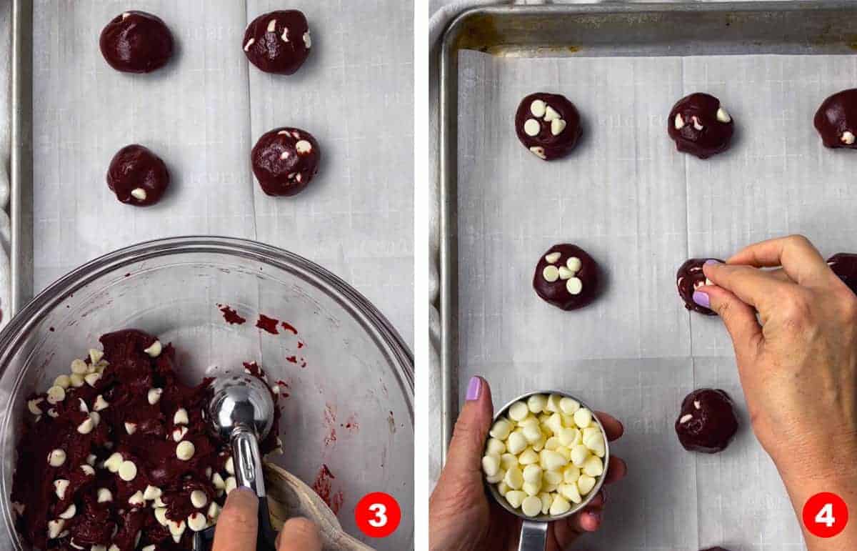 Scooping cookie dough, shaping into balls, adding white chocolate chips.