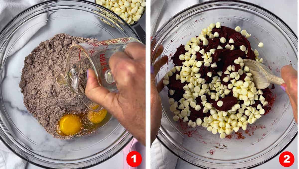 Mixing cookie batter in a bowl.