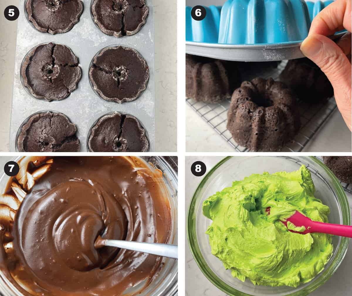 Shows 4 photo steps. Baked mini Bundts in the pan, inverting pan on cooling rackt, bowl of chocolate ganache and another bowl of green buttercream with spoon.