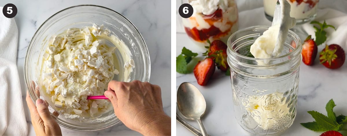 Folding crushed meringue cookies into the cream ricotta mixture and then adding it to a serving jar in the second photo.