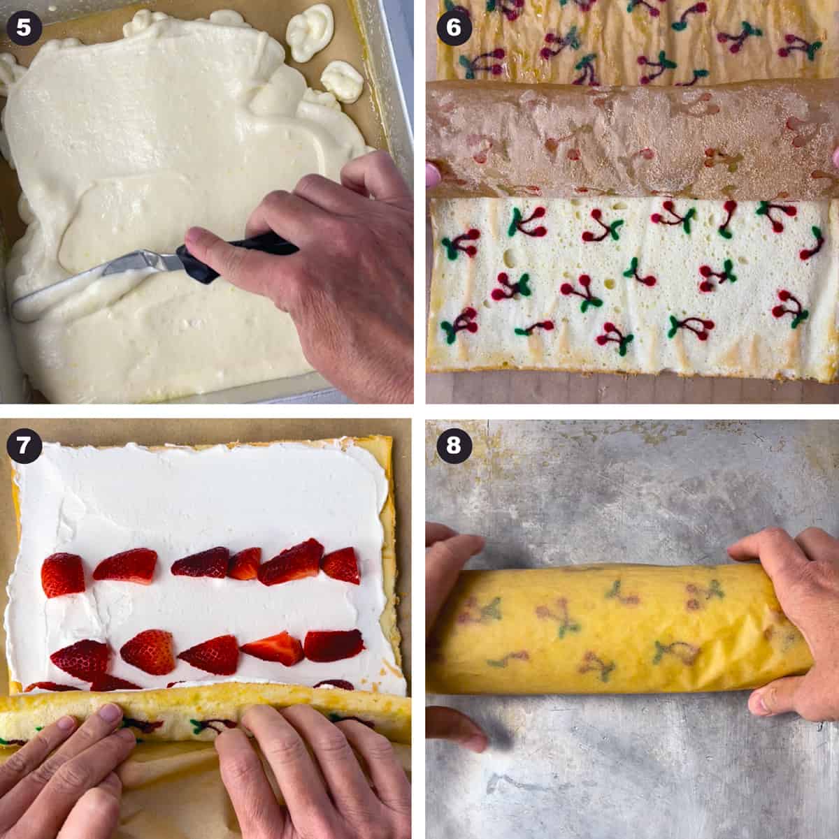 Four photos show how to make a cake roll with cherry design.