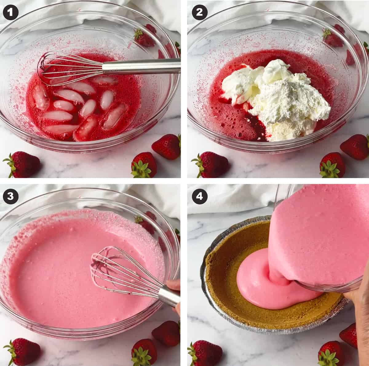Four photos showing the steps to making an easy strawberry cool whip no-bake pie.