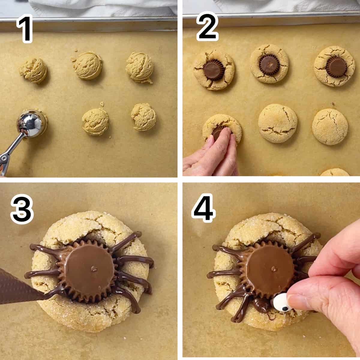 Steps to make spider cookies.