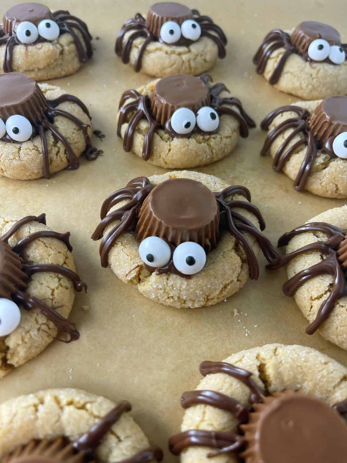 Halloween spider cookies on baking sheet.