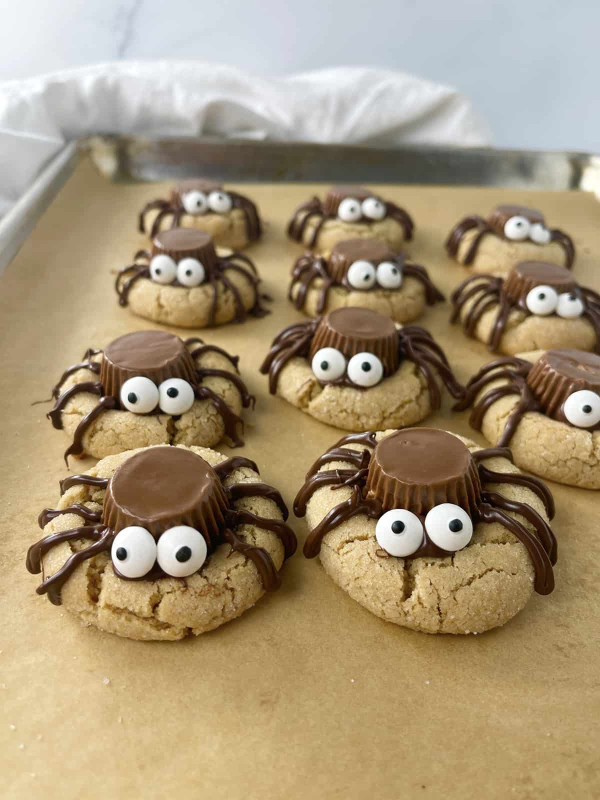 Spider cookies on a cookie sheet.