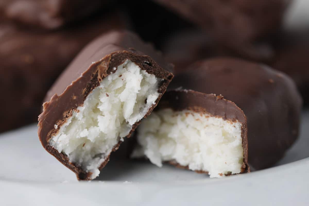 Close up photo showing inside of mounds candy bar.