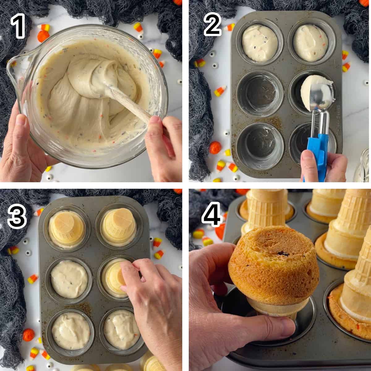 First four steps on how to make pumpkin cone cupcakes.