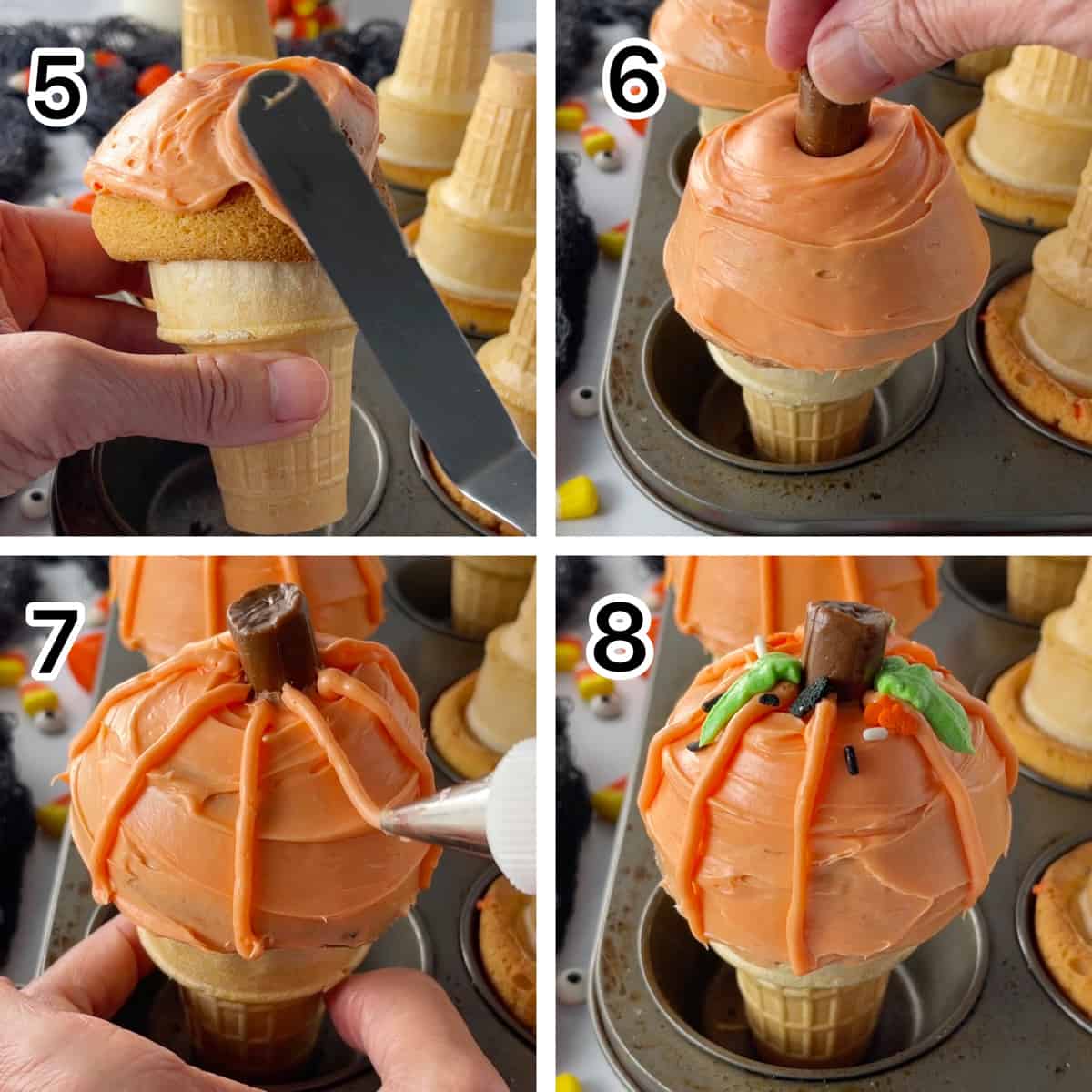 Photo shows four pictures with the steps needed to decorate the little cakes to look like pumpkins.