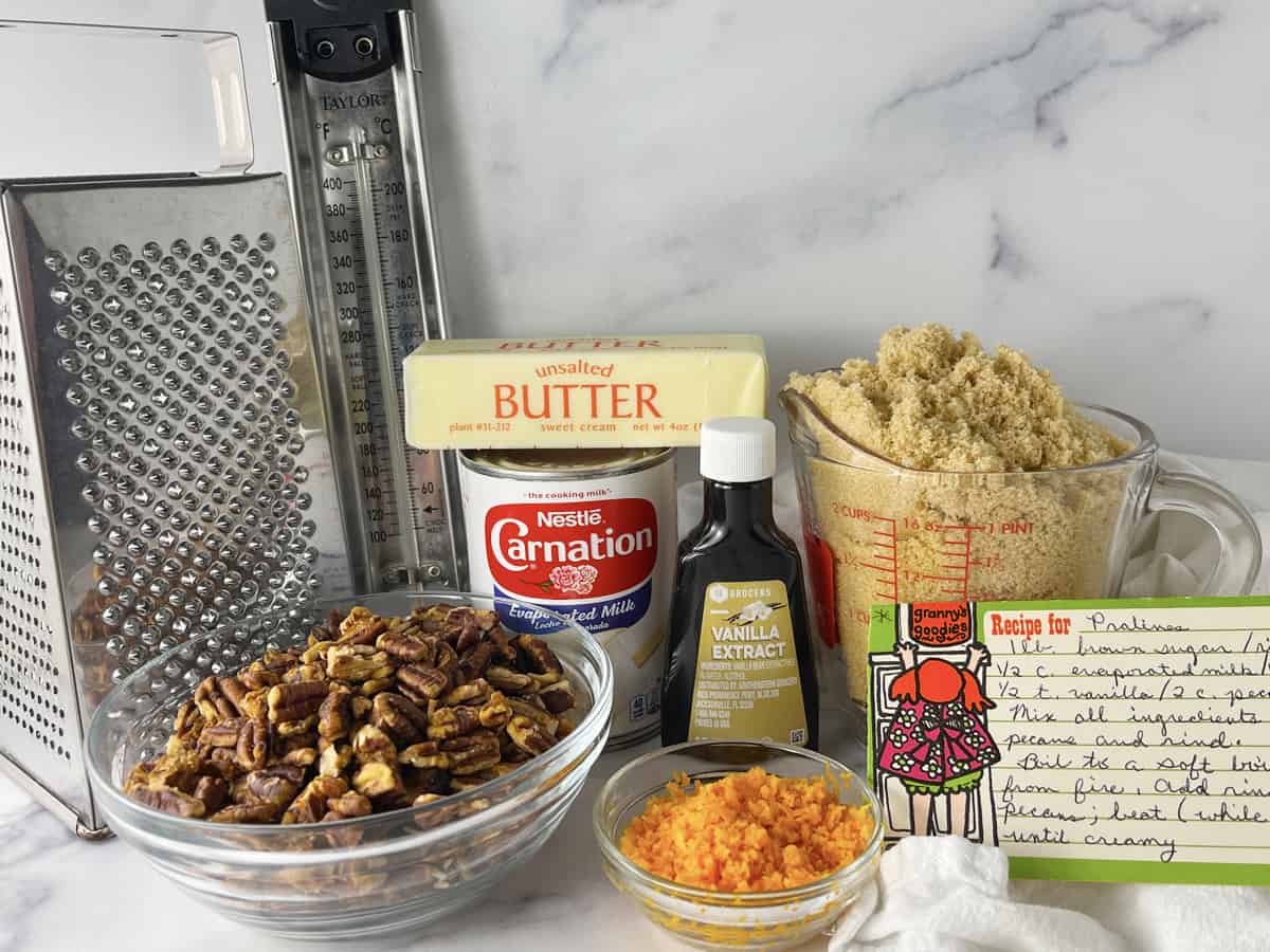 Ingredients needed to make pecan praline candy recipe.