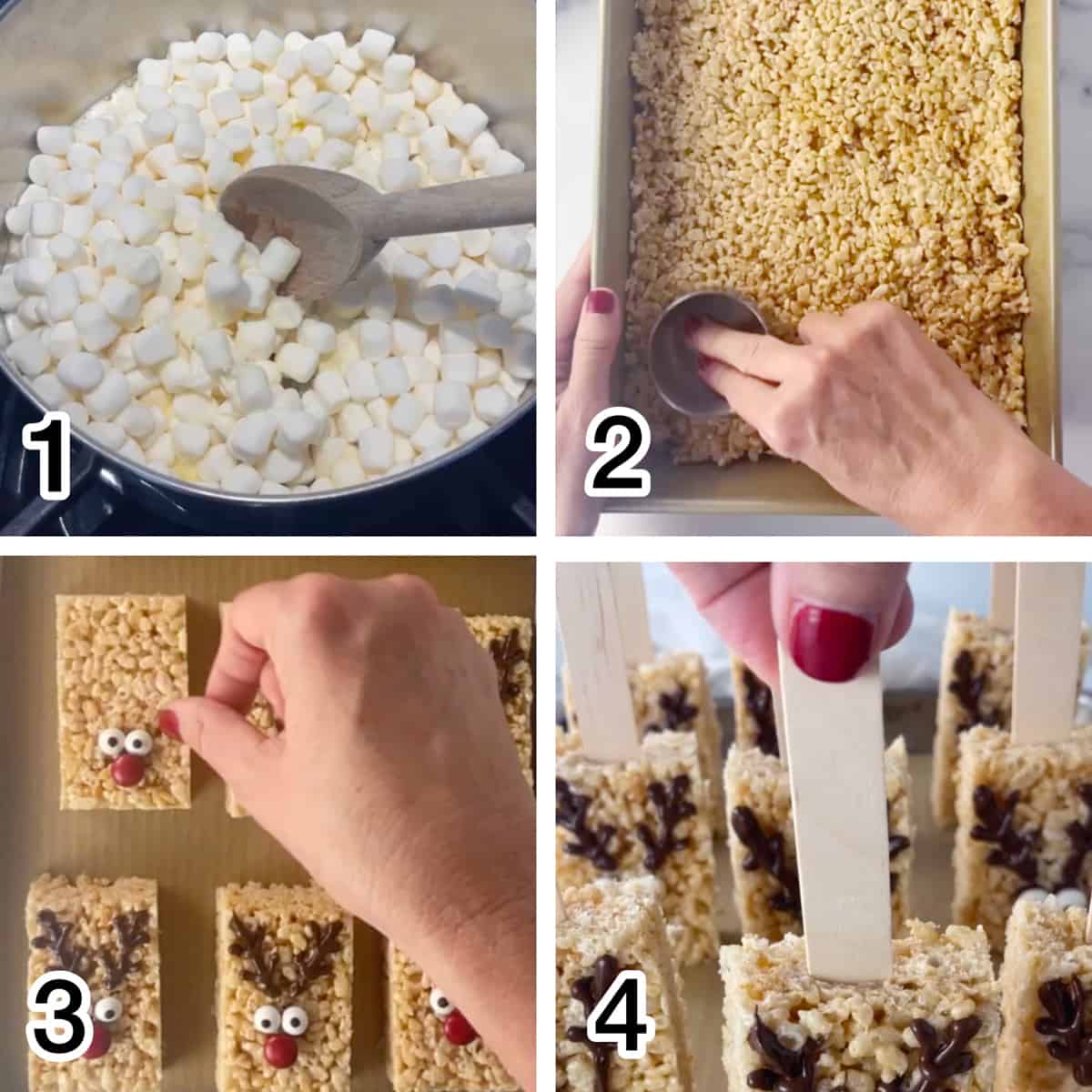 Four steps in the process of making Rudolph rice krispie pops.