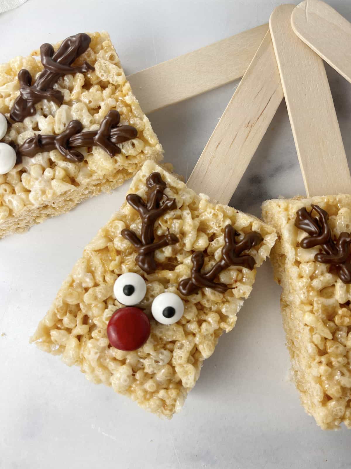 Reindeer rice krispy treats on a stick.