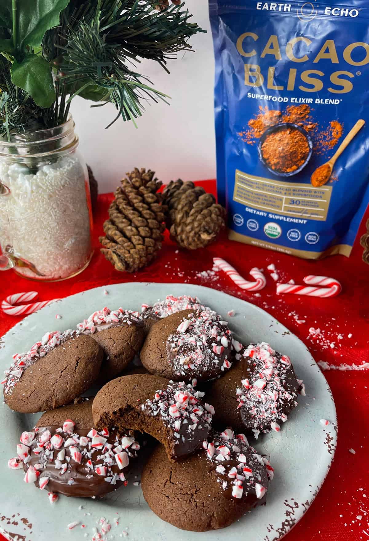 Chocolate peppermint cookies made with Cacao Bliss superfood elixir blend.