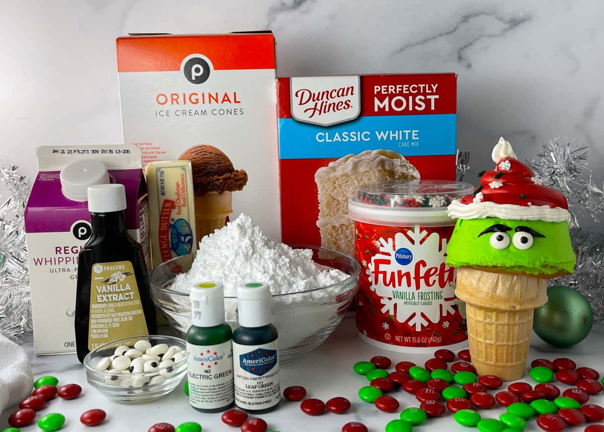 Ingredients needed to make Grinch themed cupcakes.