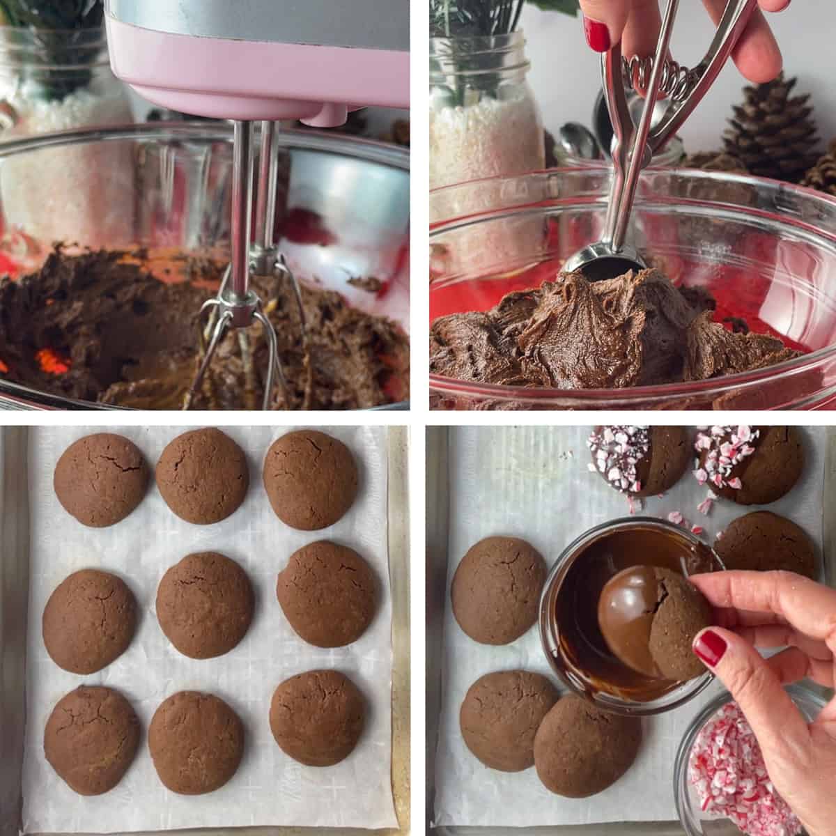 Photos showing how to make chocolate mint healthy cookies in four steps.