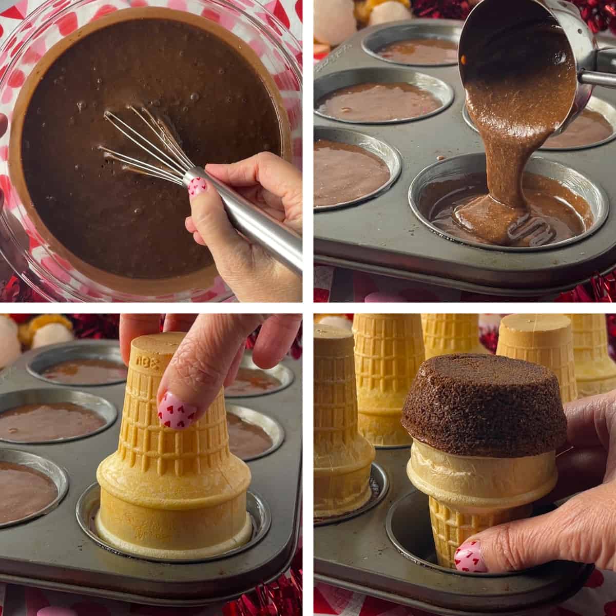 Four photos showing steps how to make teddy bear cupcakes.