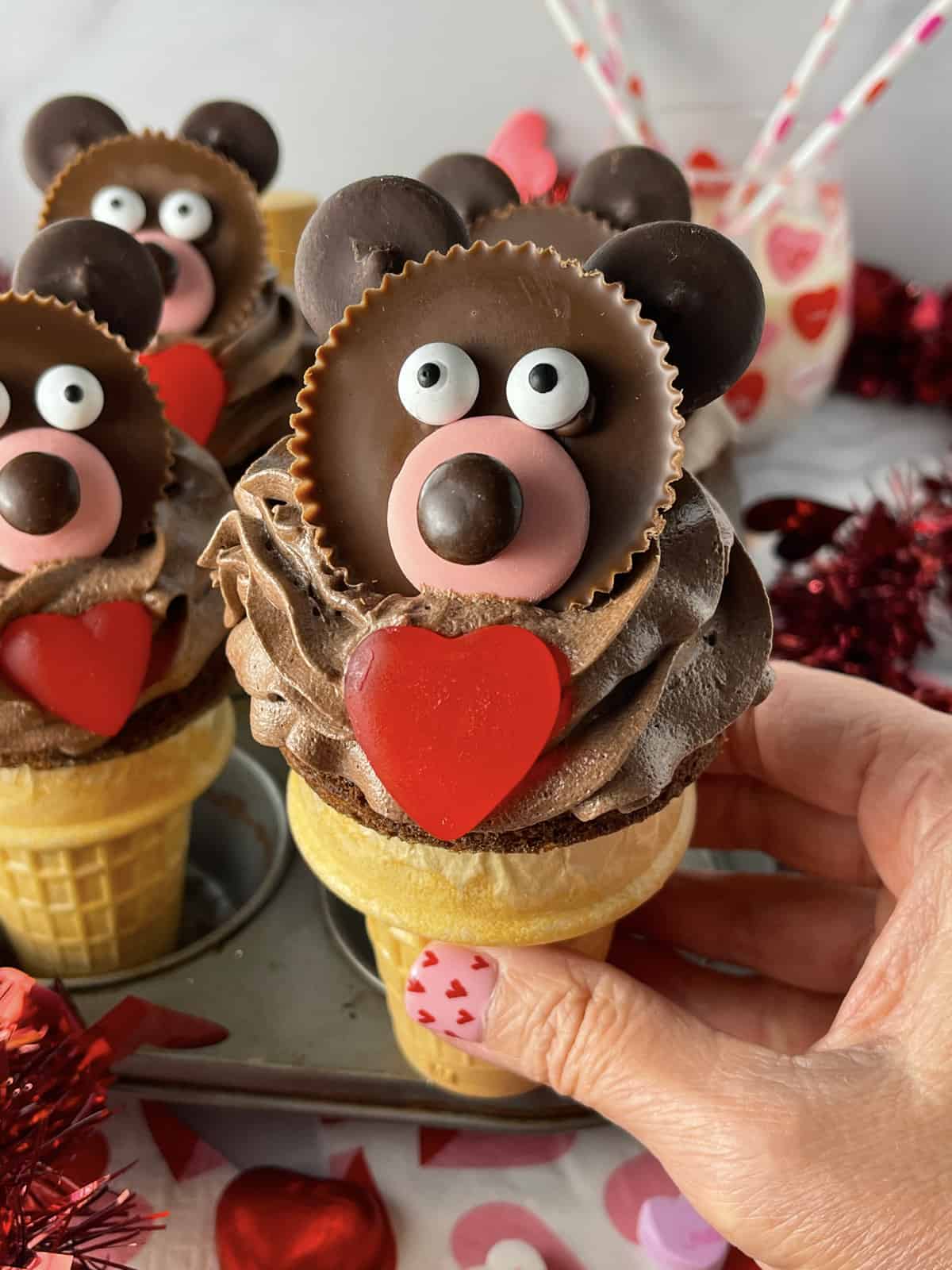 Teddy Bear heart cupcakes baked in an ice cream cone.