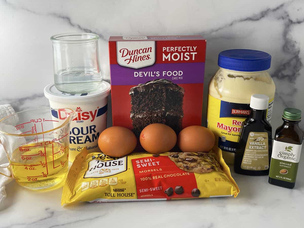 Ingredients needed to make chocolate Bundt cake.