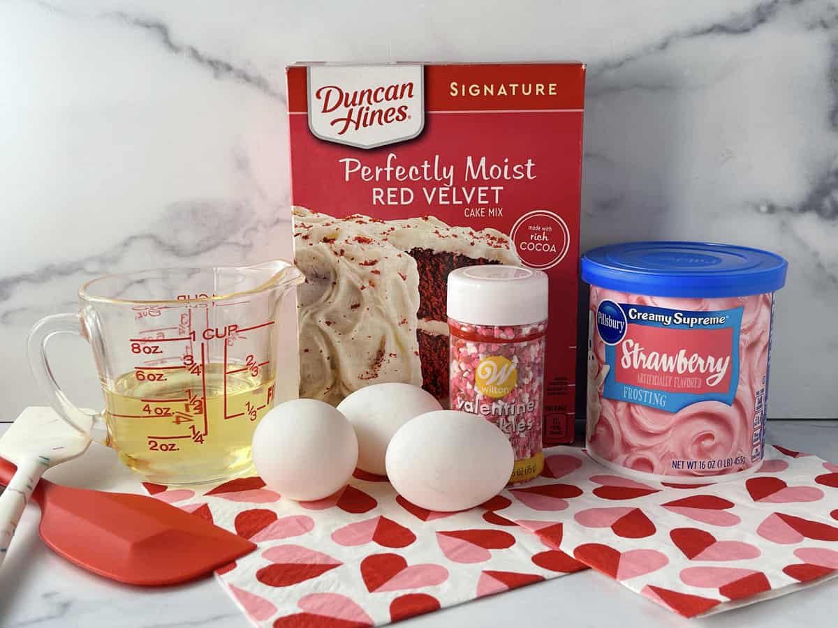 Ingredients you need to make valentine cupcakes.