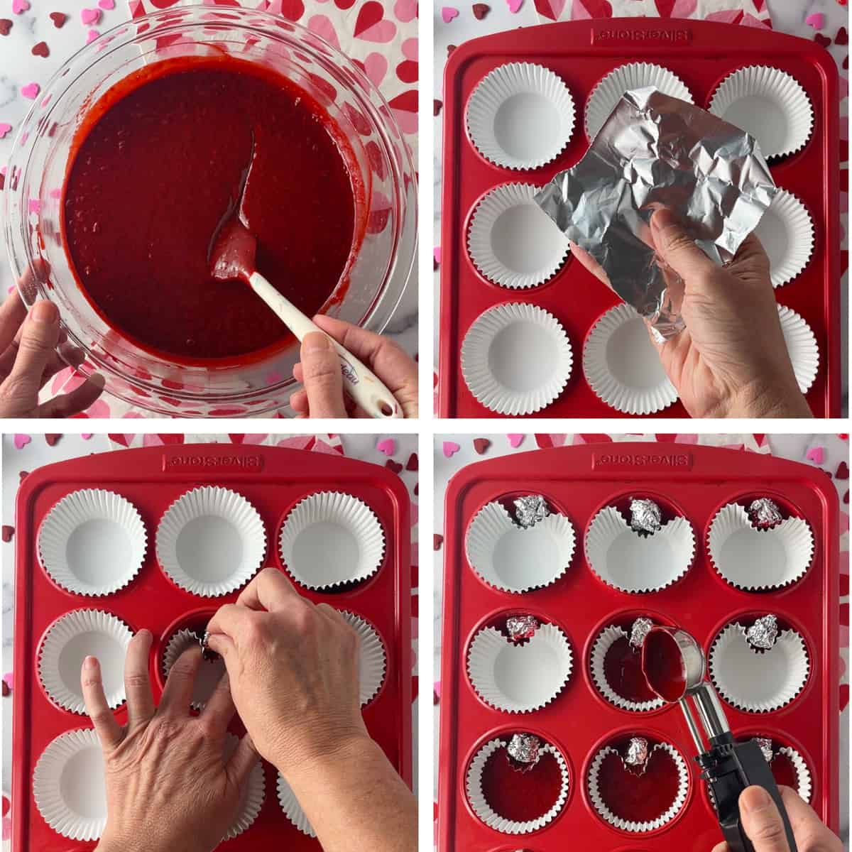 Four photo collage showing the steps in how to make heart cupcakes.