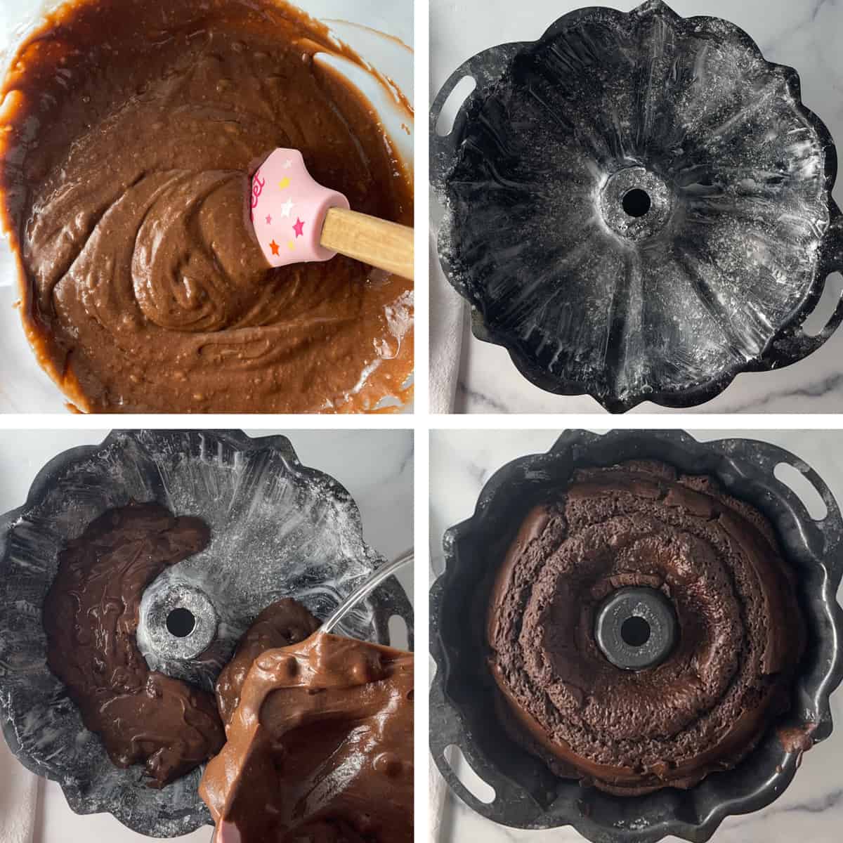 Four photos showing how to make Bundt cake.