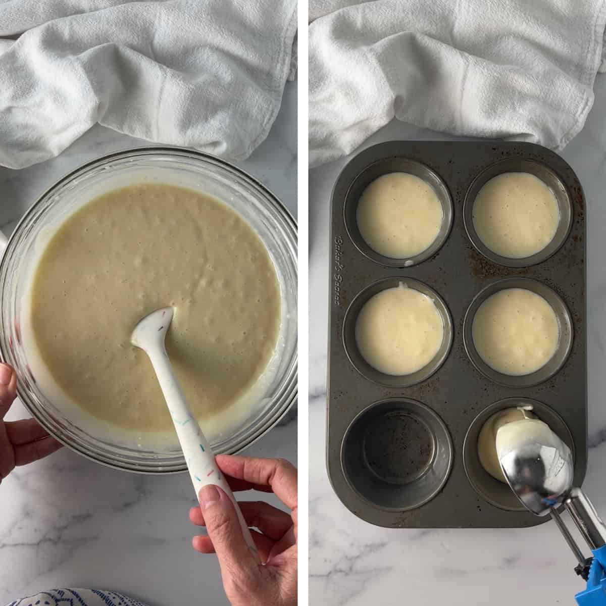 Cake batter in bowl and in muffin tin.