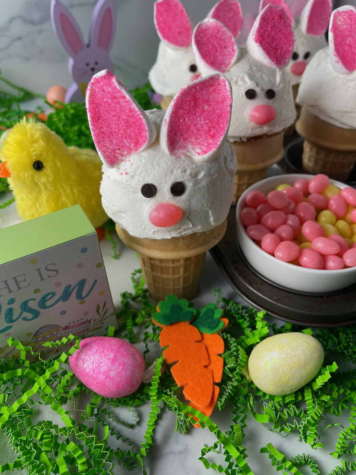 Adorable Easter cupcakes with marshmallow bunny ears.