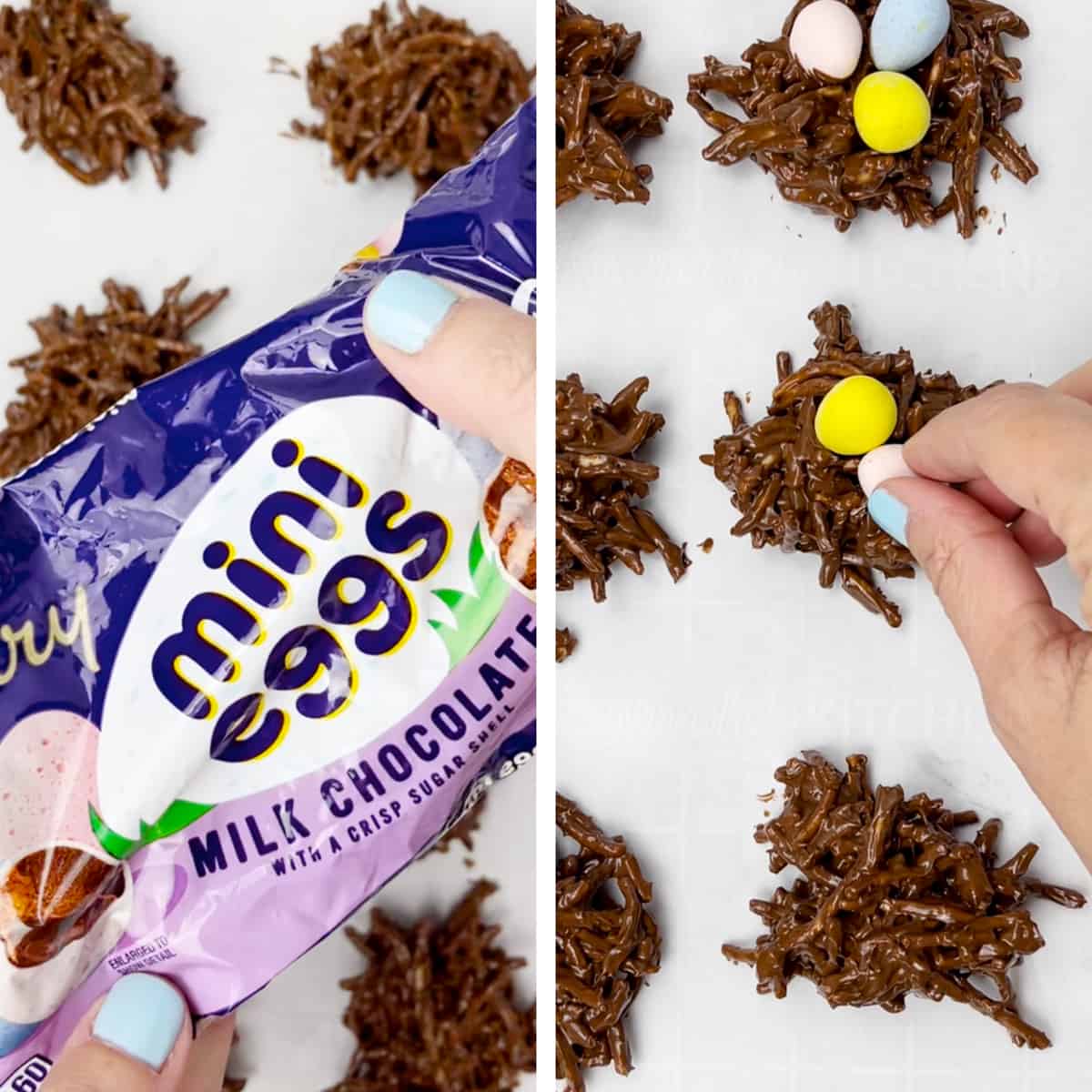 Cadbury Easter eggs on top of chocolate haystack cookies.