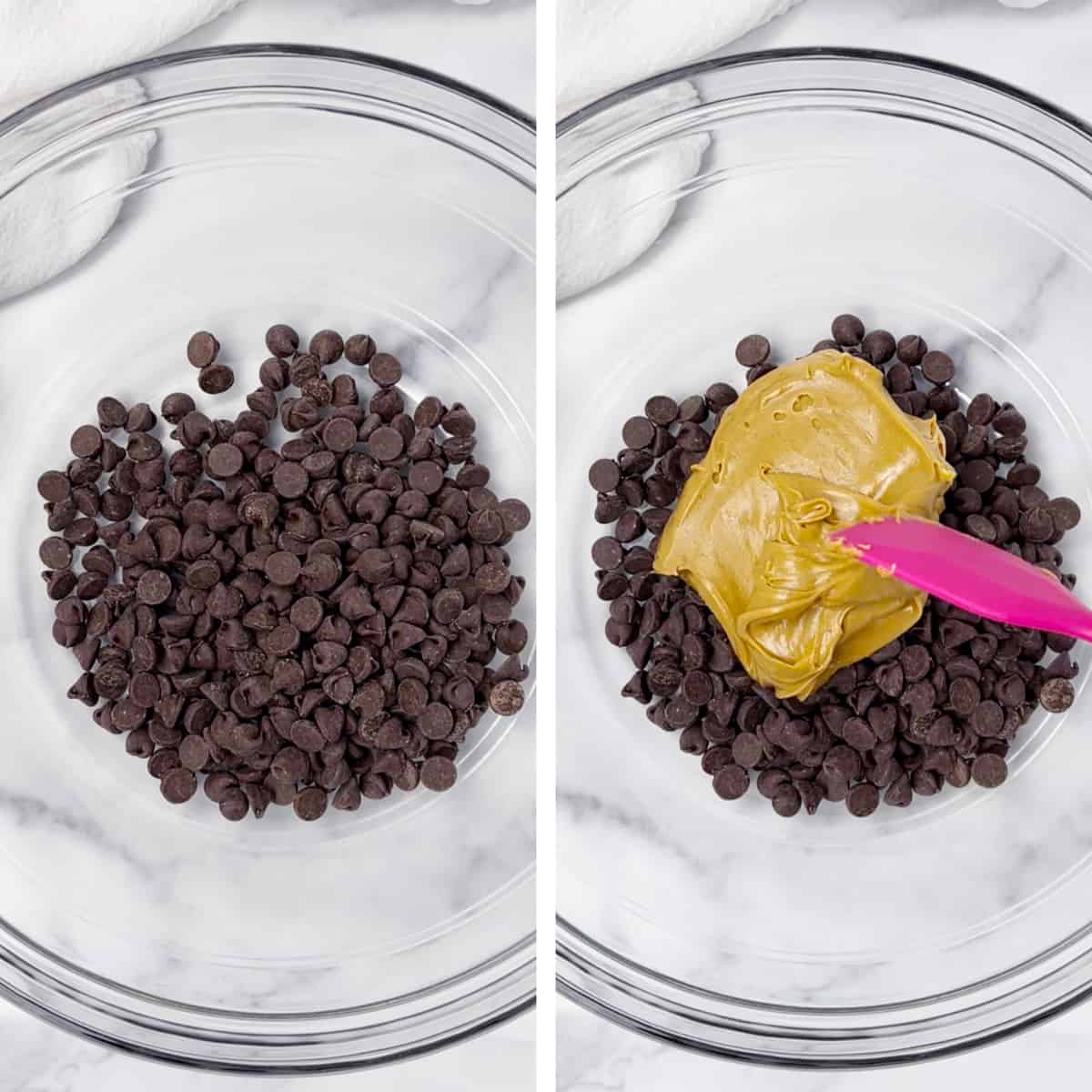 Chocolate chips and peanut butter in a clear glass bowl.