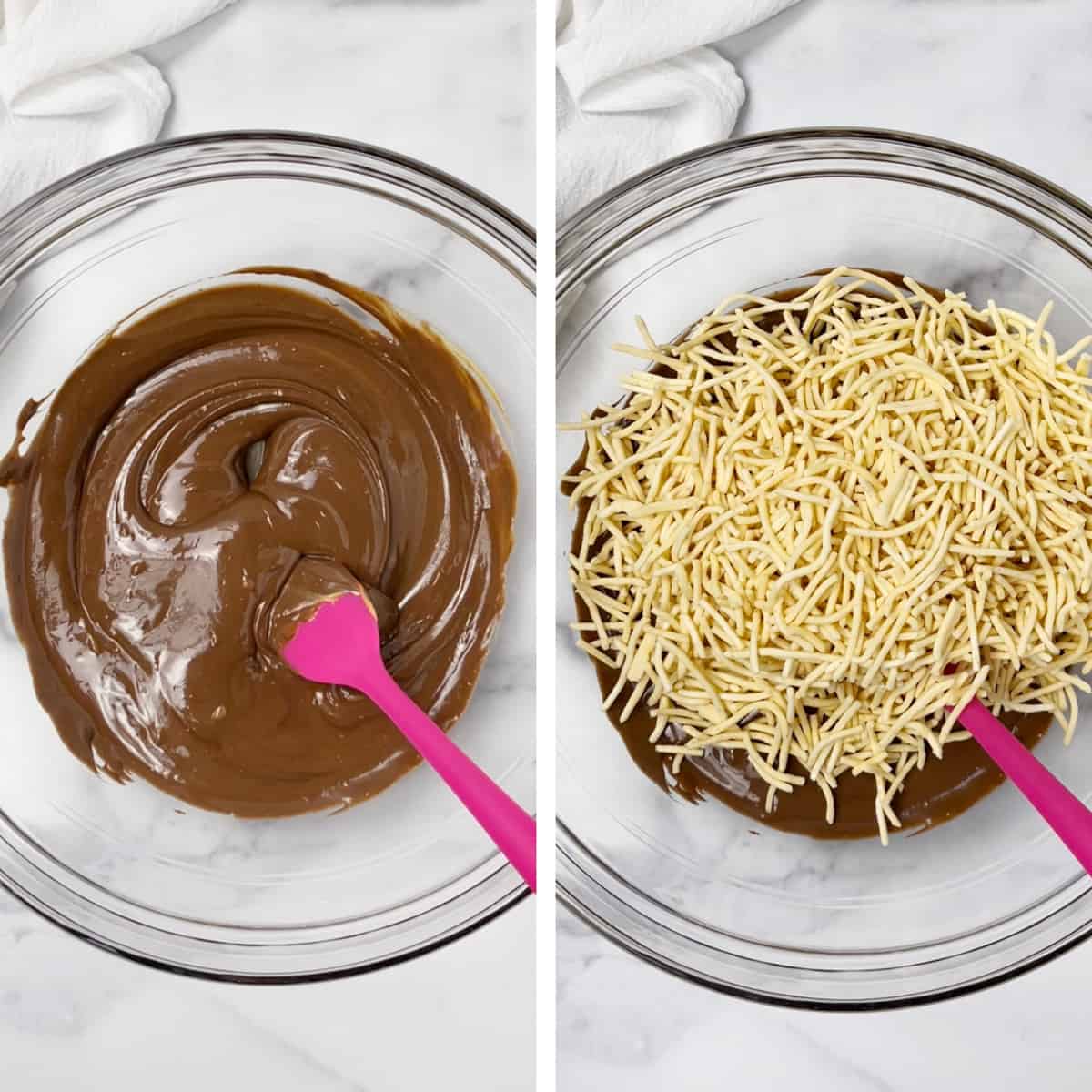 Melted chocolate and crunchy chow mein noodles.