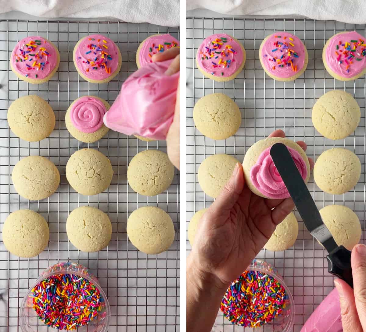 Pink buttercream frosted sugar cookies on cooling rack.