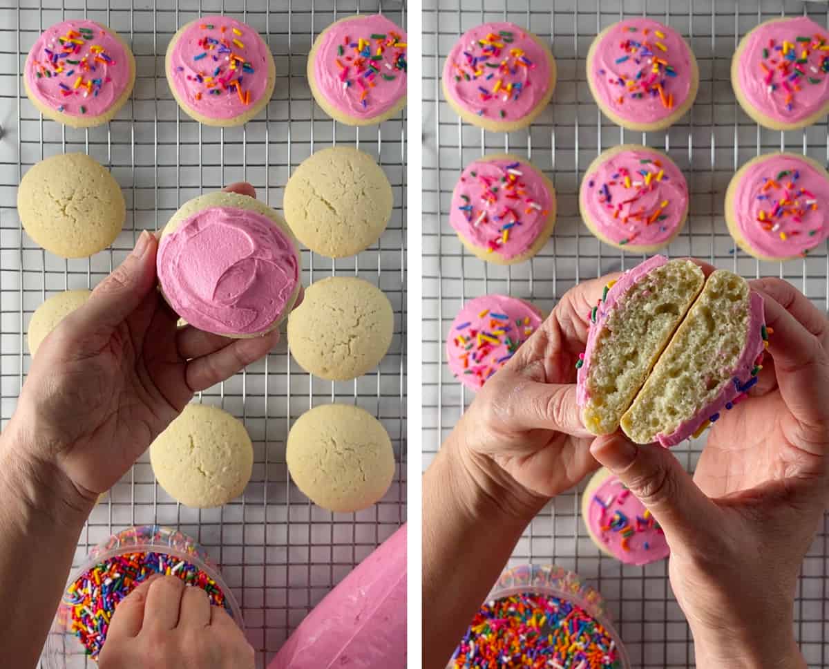 Frosted Lofthouse cookies with pink icing on a cooling rack with rainbow sprinkles.