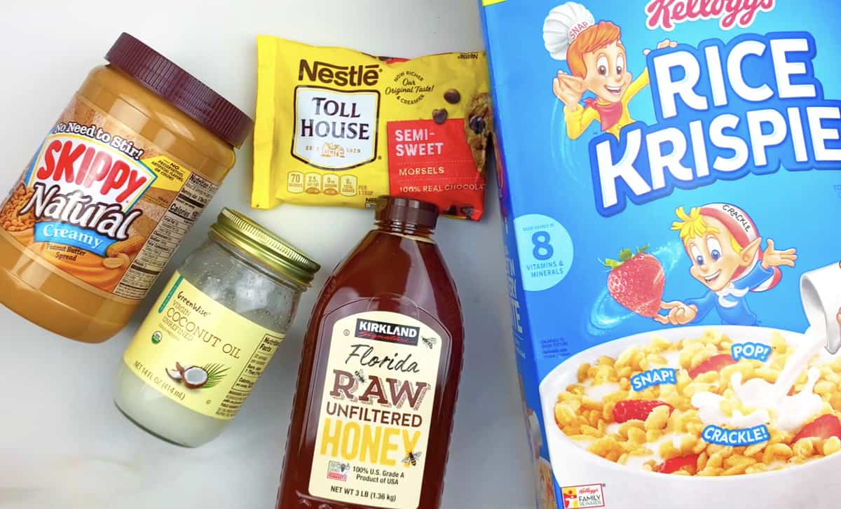 Ingredients needed to make chocolate peanut butter cereal bars.