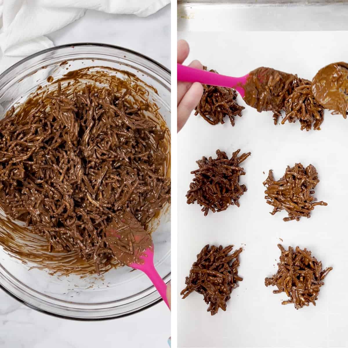 Mounds of chocolate haystacks on wax paper.