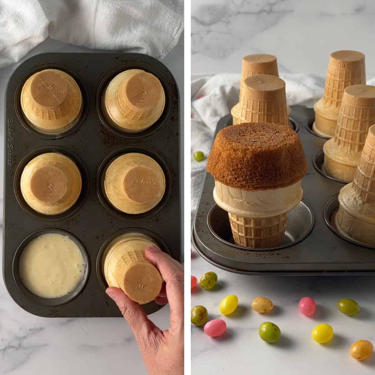 Cupcakes baked with ice cream cones.