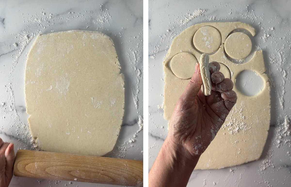 Cookie dough rolled out on a floured countertop.