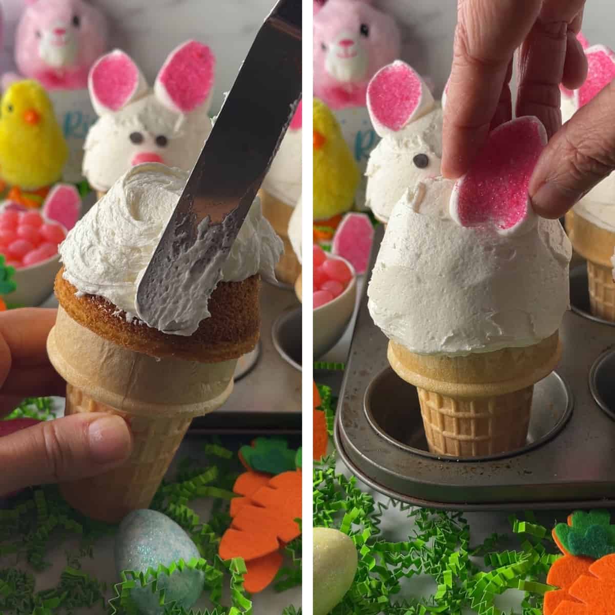 Frosting cupcake baked in ice cream cone then adding marshmallow bunnies on top.