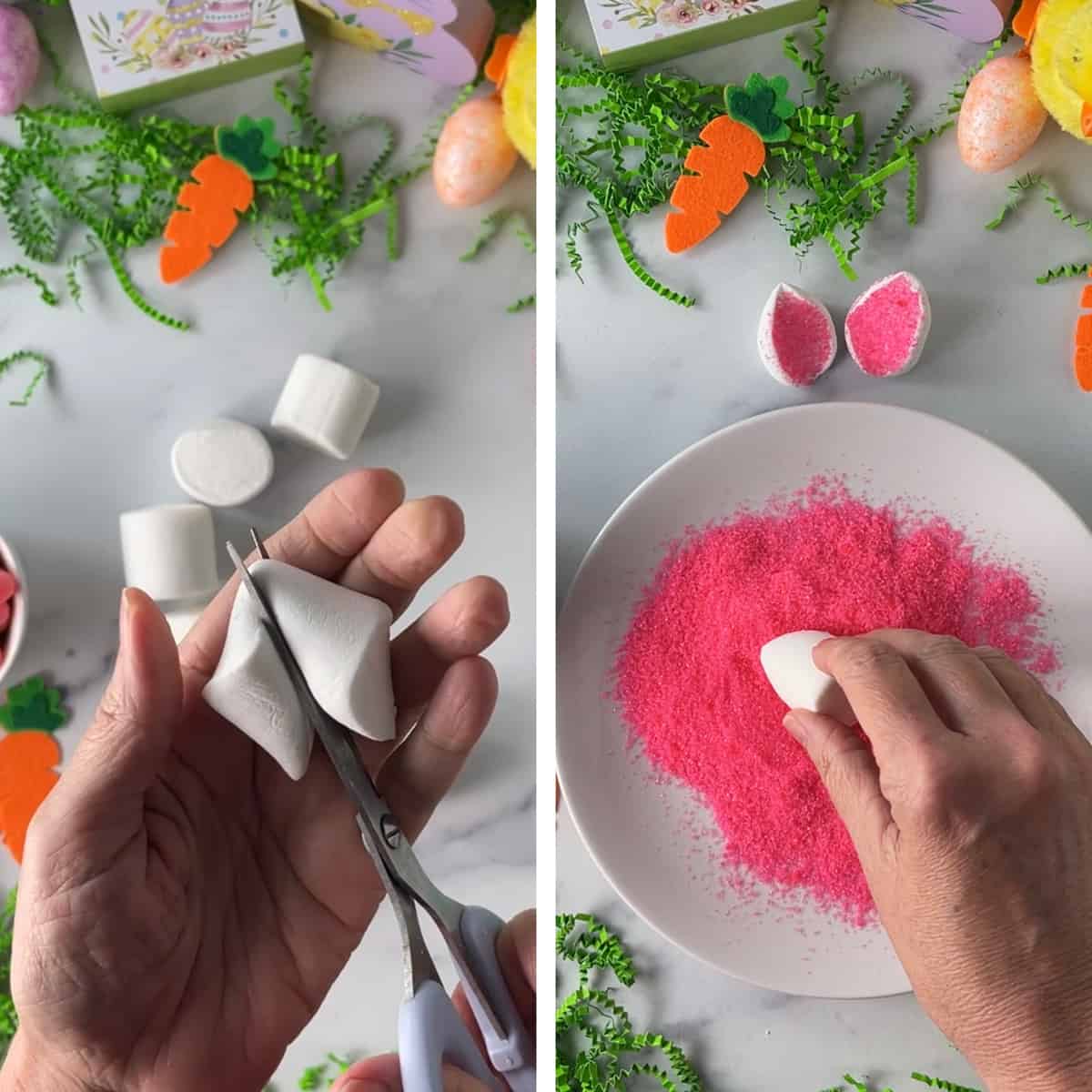Cutting a marshmallow in half with scissors and dipping in pink sugar.
