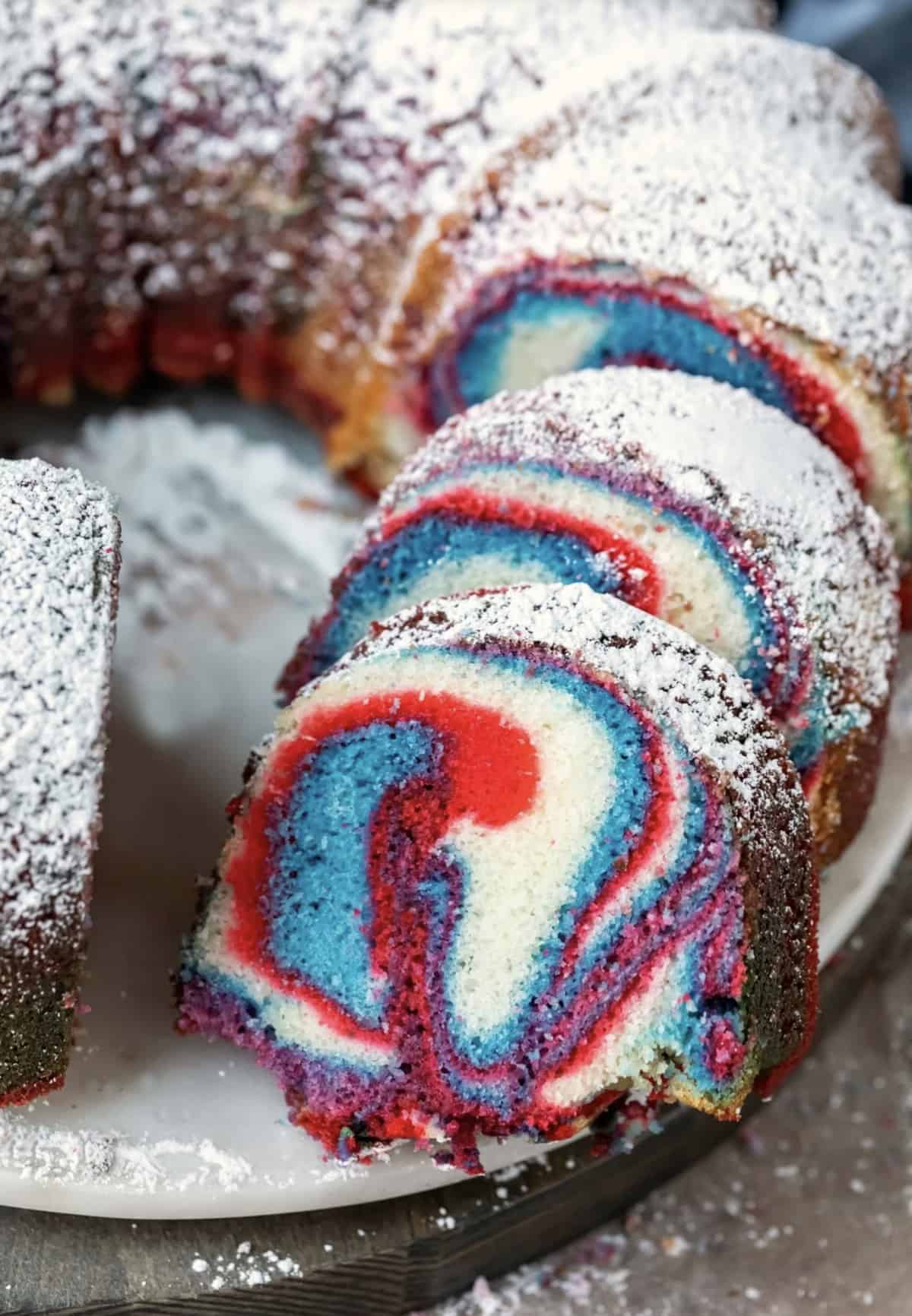 Marbled red, white and blue Bundt cake.