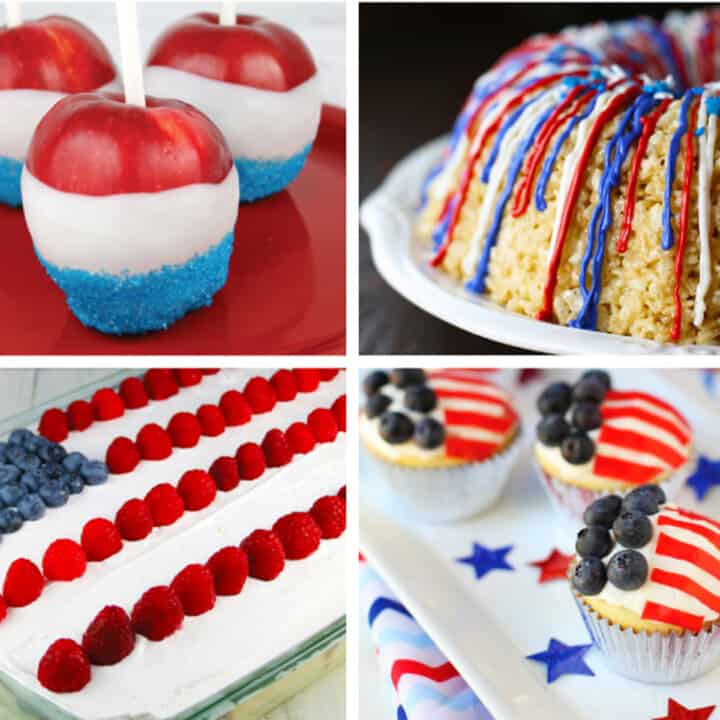 Four photos of patriotic desserts for the 4th of July.
