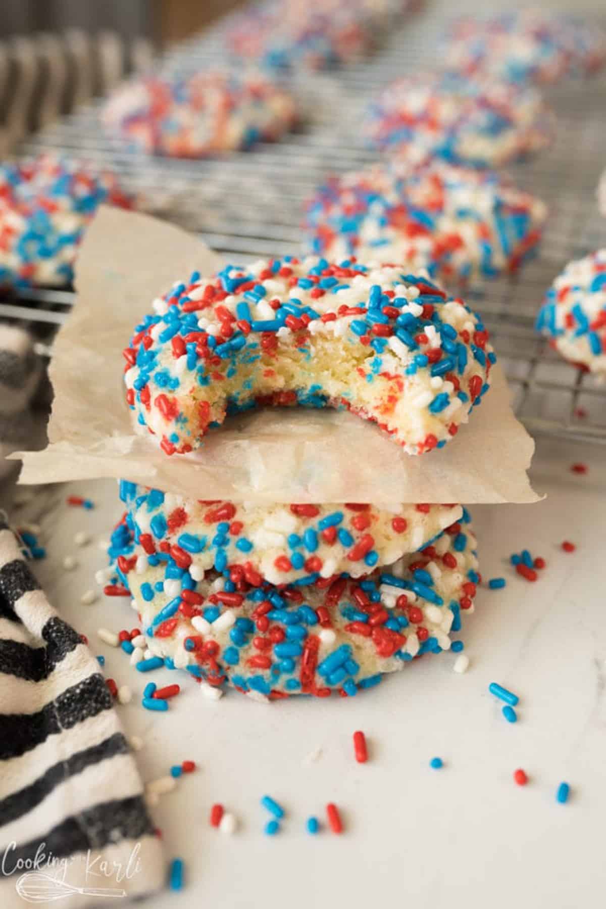 Sugar cookies with red, white and blue sprinkles.