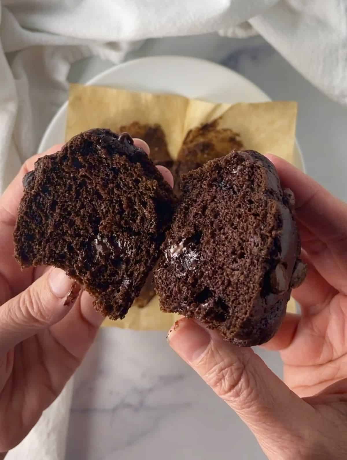 Yummy inside of chocolate chip muffin.