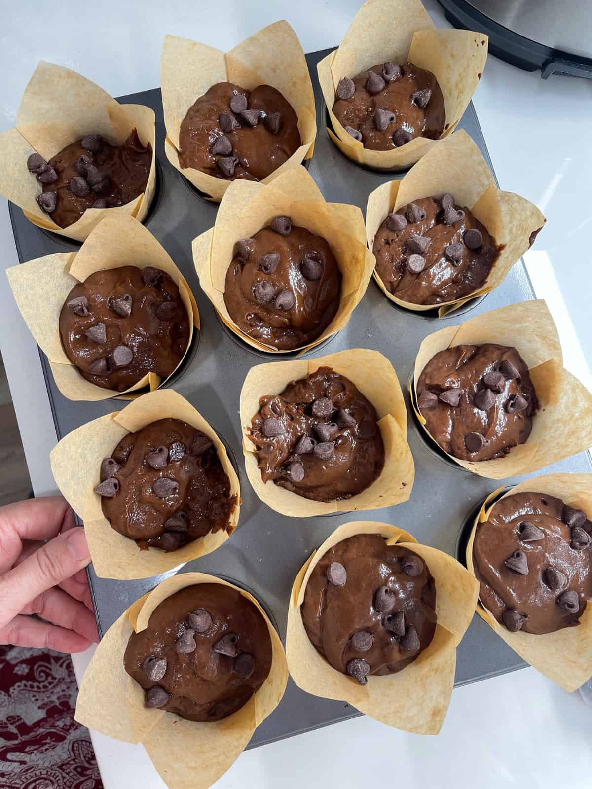 Really nice chocolate chip muffin batter in muffin cups.