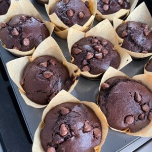 Chocolate chip muffins in baking pan.