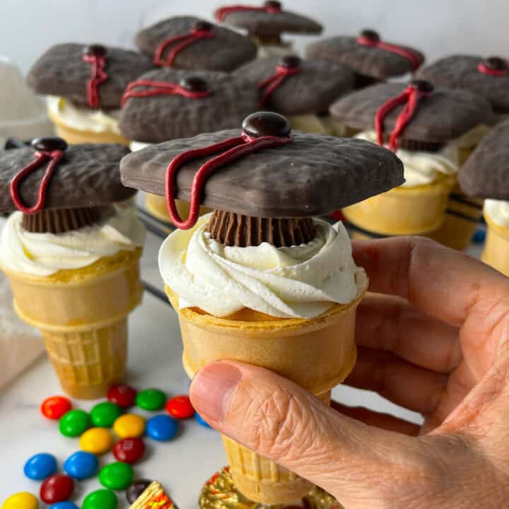 The cutest graduation cap cupcakes baked in ice cream cones.