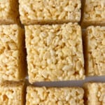 Original recipe for rice krispie treats cut into squares.