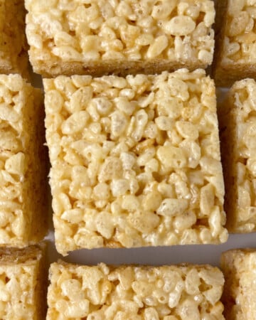 Original recipe for rice krispie treats cut into squares.