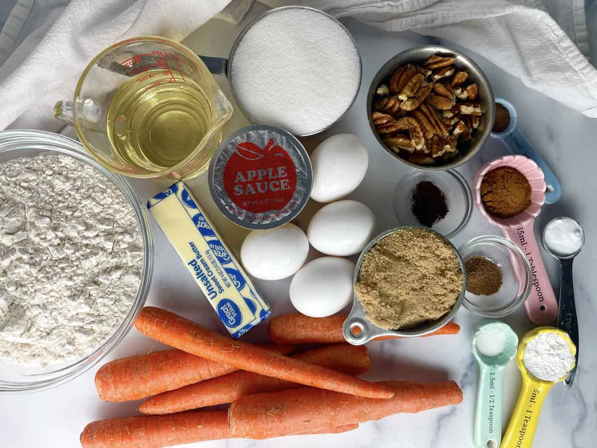 Ingredients needed to make the best carrot cake.